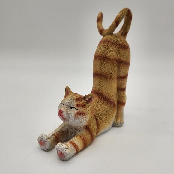 Lazy Stretching Orange Cat Figurine Ticked Striping Phone Stand Decidedly Cute - Picture 3 of 10